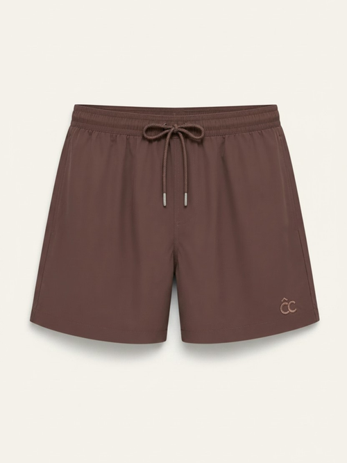 CÔTE CHIC Monaco Mocha men's swim shorts in mocha brown, quick-dry fabric with hidden pocket, flat lay
