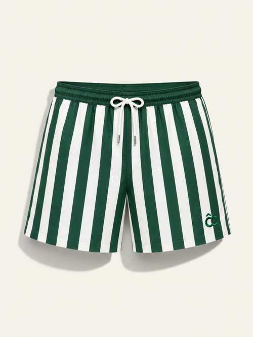 CÔTE CHIC Portofino Green men's swim shorts in forest green and white stripes, flat lay