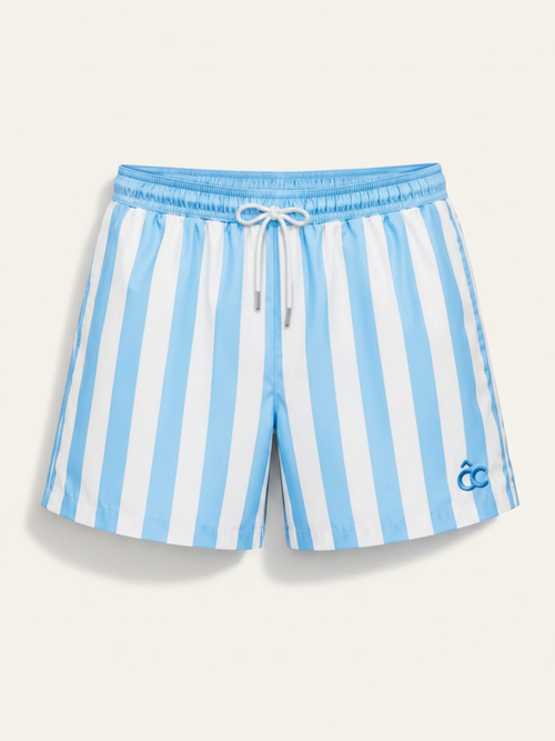 CÔTE CHIC Portofino Blue men's swim shorts in sky blue and white stripes, flat lay