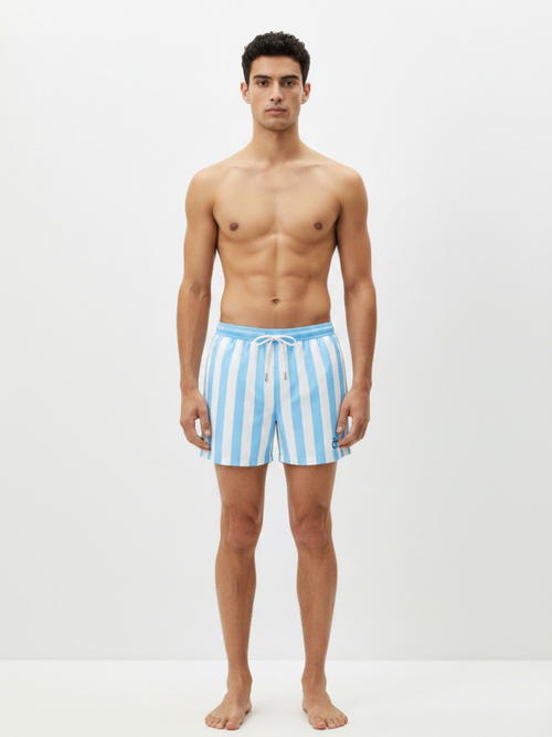 Model wearing CÔTE CHIC Portofino Blue striped swim shorts, front view